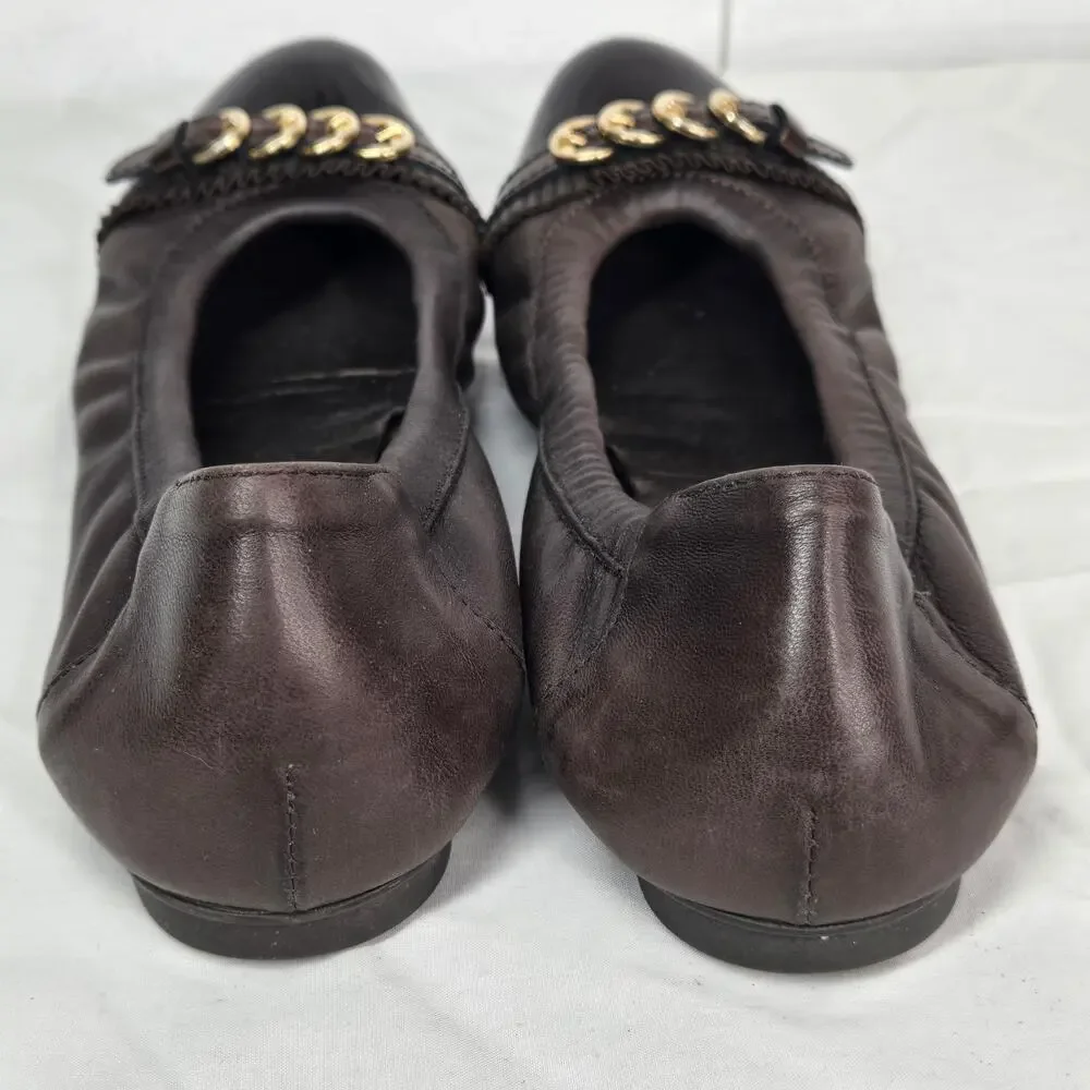 AGL Attilio Giusti Leombruni Ballet Flats Cap Toe Leather Gold Buckle 37.5 7.5